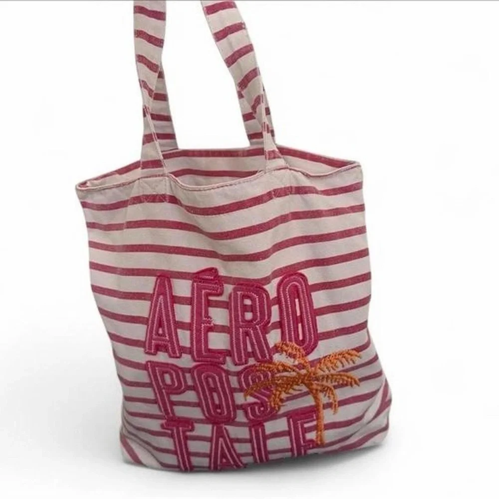 Aeropostale Pink and Cream Striped Canvas Tote with Embroidered Logo